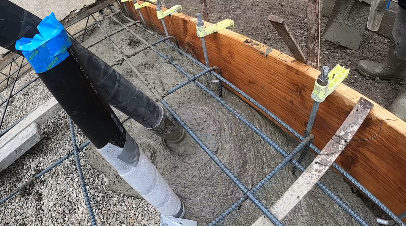 Concrete foundation construction with rebar reinforcement